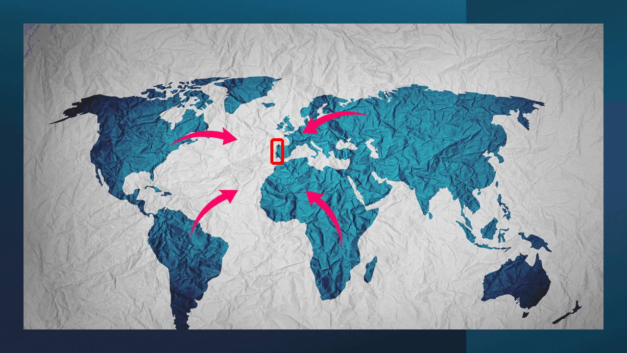 World map with four red arrows pointing towards a central location in the Mediterranean region.